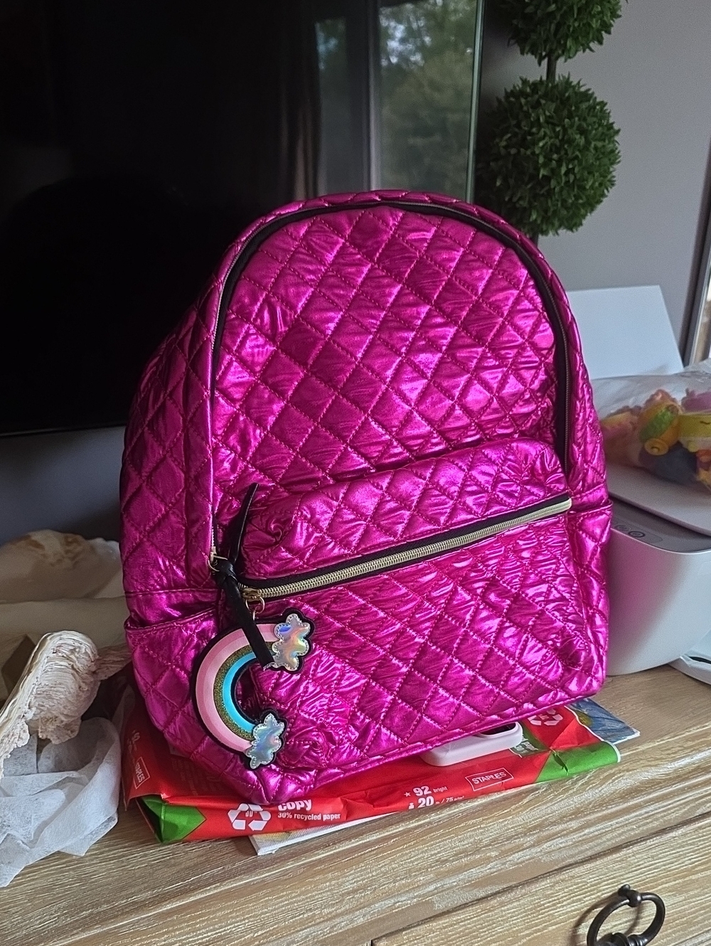Kids Quilted Metallic Pink Backpack with Rainbow Charm
